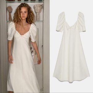 Zara Ivory Knot Rustic Puff Sleeve Midi Dress, NWT, Small